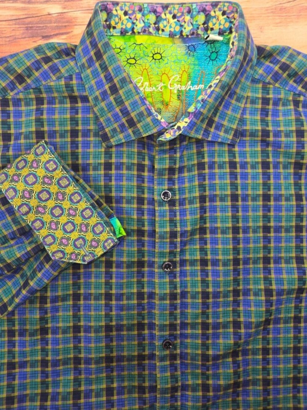 Robert Graham Mens 2XL Classic Fit Plaid Button-Down Shirt 100% Cotton Blue/Gree